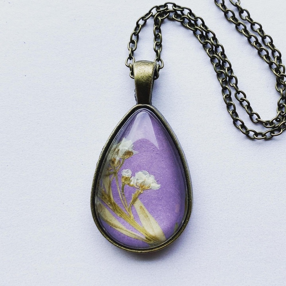 Beautiful Lavender and Antique Brass Pressed Flower Necklace